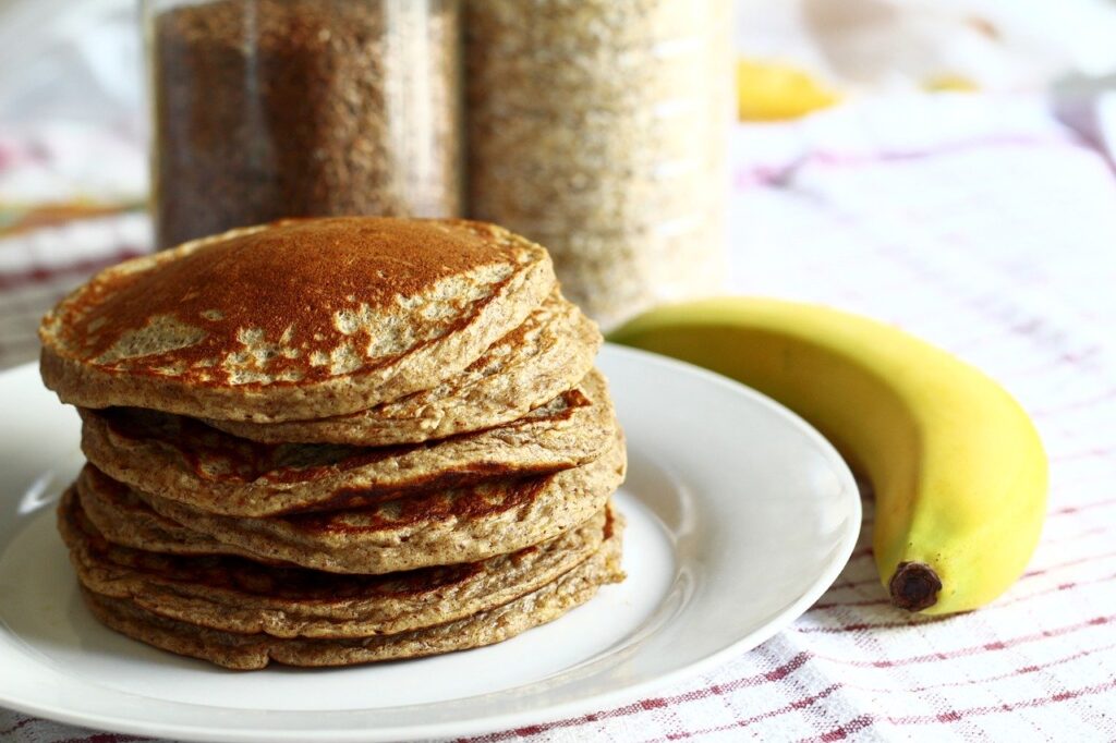 pancakes, banana, breakfast